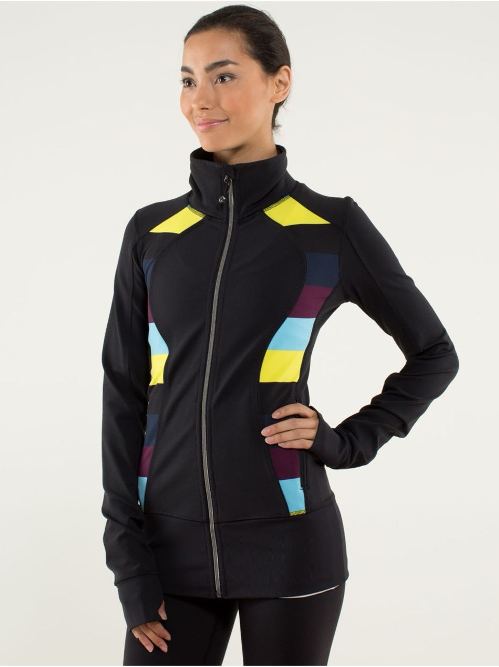 Lululemon Nice Asana Jacket - Black / Pow Stripe Split Pea Zip-Up Sweater